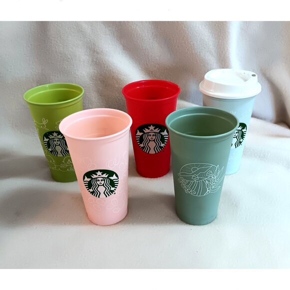 Lot of 5 Starbucks tumblers 16 oz. plastic w/ 1 lid - Easter, mermaid, other - Picture 2 of 9